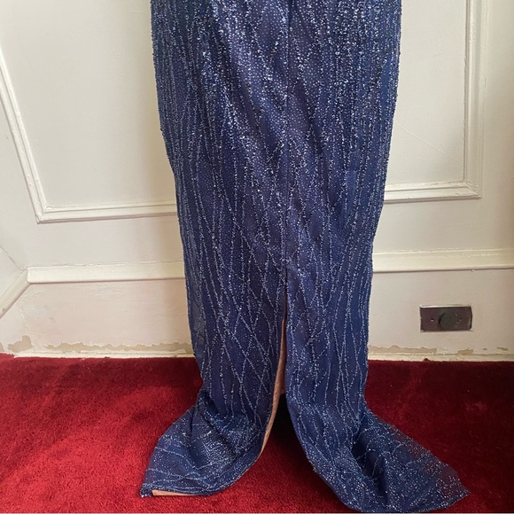 Marchesa Notte Navy Sequin Gown with Cape - Picture 9 of 16